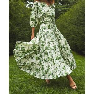 Cara Cara Cream Green Olive Hanging Orchids Margarita Maxi Skirt Womens Medium